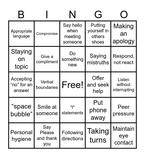 Social Skills Bingo Card