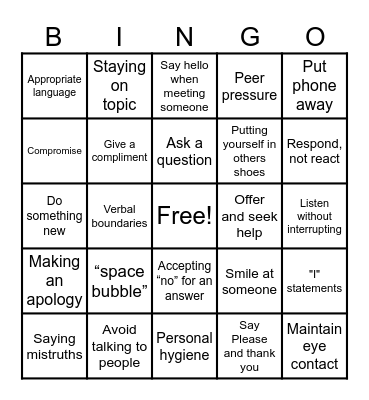 Social Skills Bingo Card