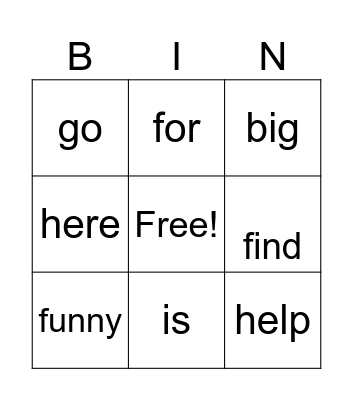 Kindergarten Sight Words Bingo Card