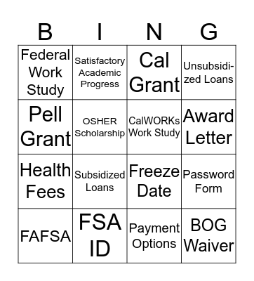 Types of Financial Aid  Bingo Card