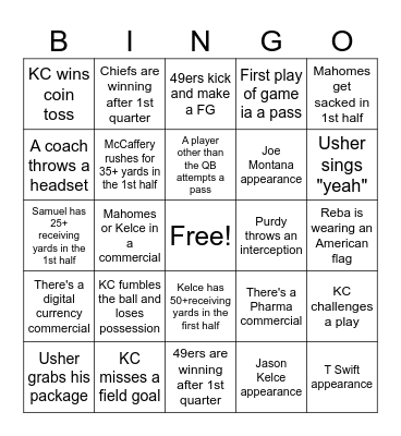 Super Bowl 2024 Bingo Card