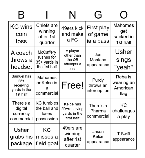 Super Bowl 2024 Bingo Card