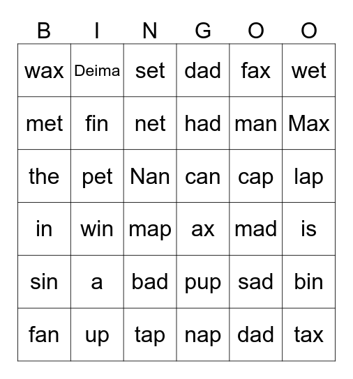 PreSchool Words Bingo Card