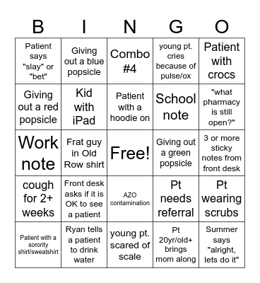 end of day bingo Card