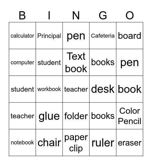 School objects Bingo Card