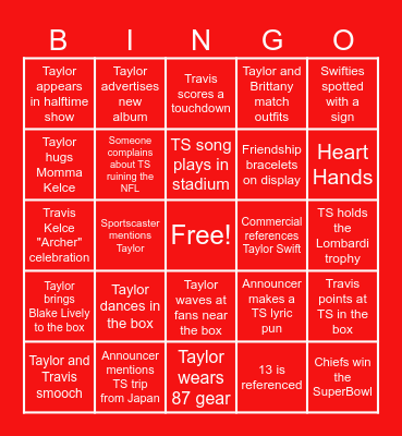 SuperBowl LVIII (Taylor's Version) Bingo Card