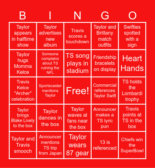 SuperBowl LVIII (Taylor's Version) Bingo Card