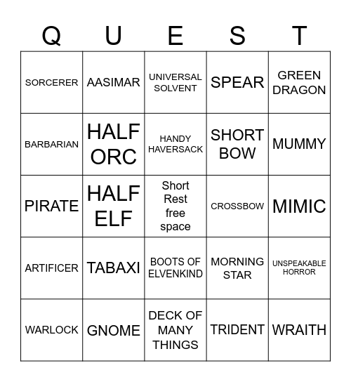 Adventure Bingo Card