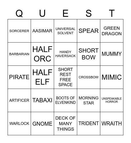 Adventure Bingo Card