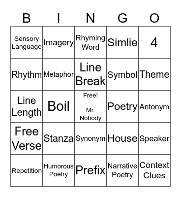 Mr Nobody Peom Bingo Card