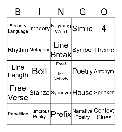 Mr Nobody Peom Bingo Card