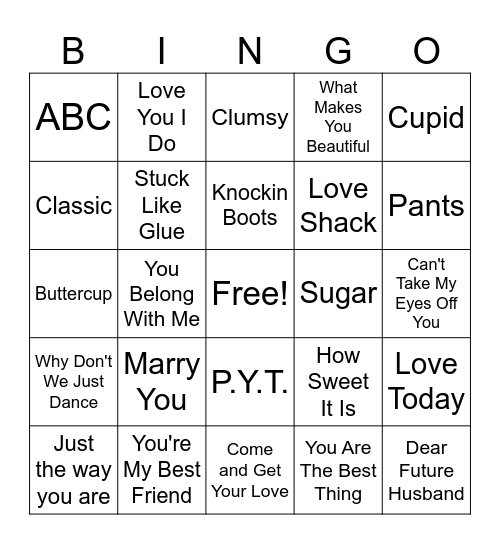 Love Songs Bingo Card