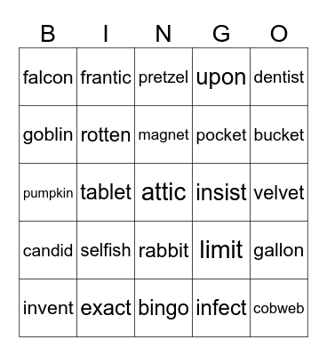 Multisyllabic Bingo Card