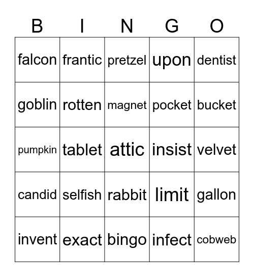 Multisyllabic Bingo Card