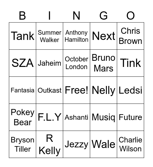 2000's R&B Bingo Card