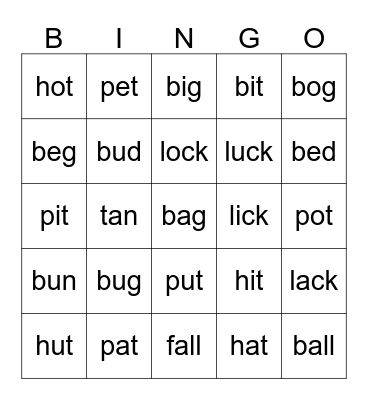 Short Vowels Bingo Card