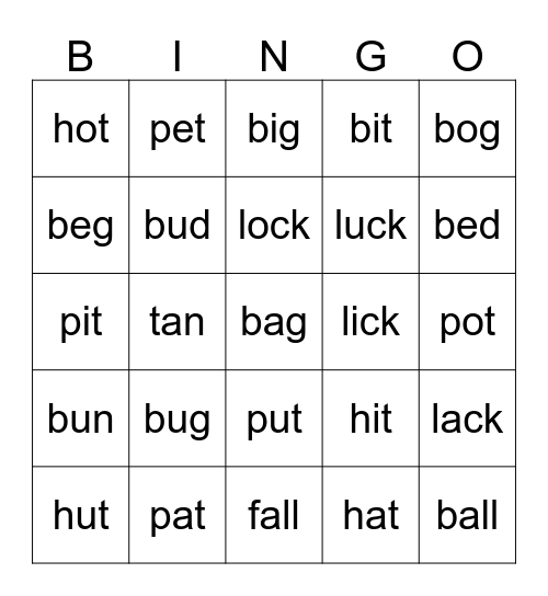 Short Vowels Bingo Card