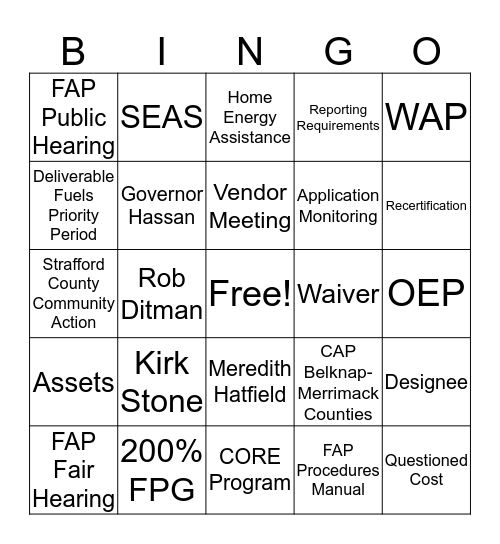 Fuel Assistance Bingo Card