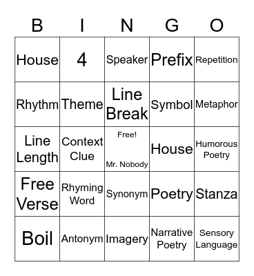 Mr. Nobody Poem Bingo Card