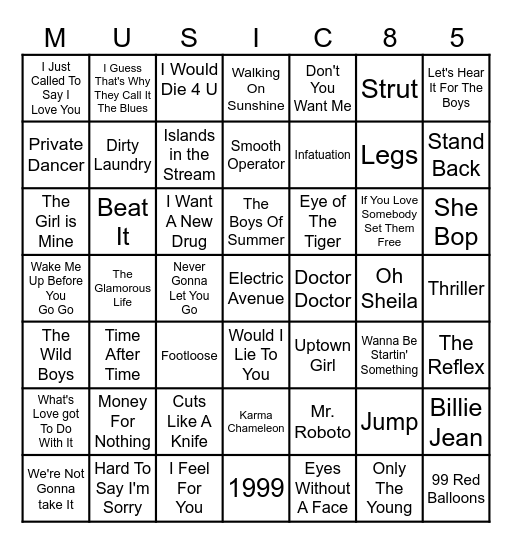 TOP SONGS  1983 - 1985 Bingo Card