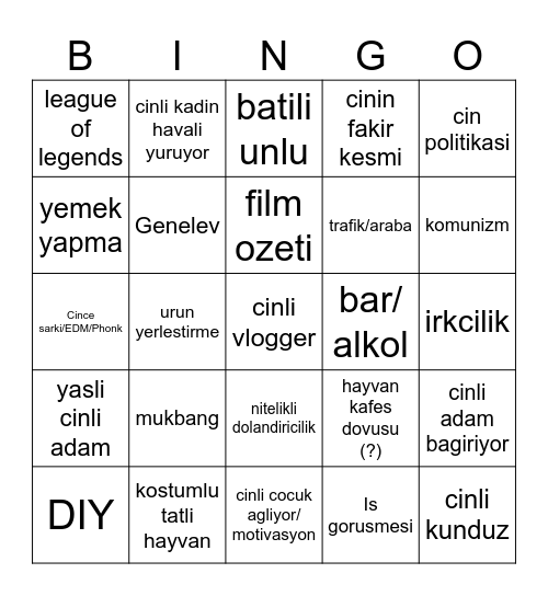 Chinese Tik Tok Bingo Card