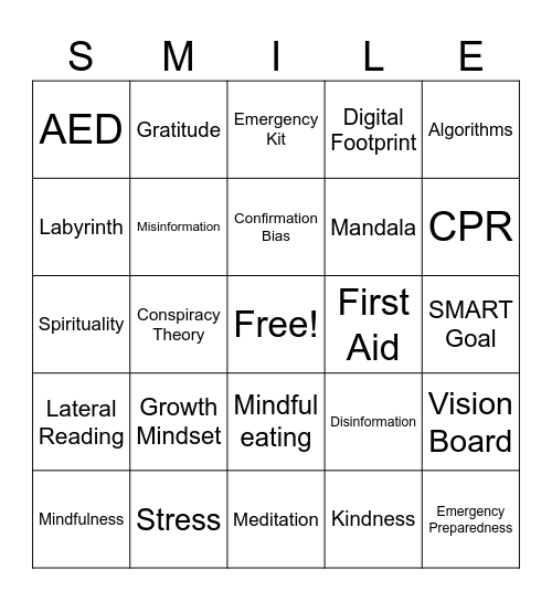 Health and Wellness Bingo Card