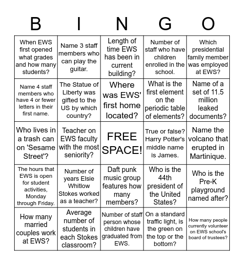 Staff Appreciation Bingo 2016 Bingo Card