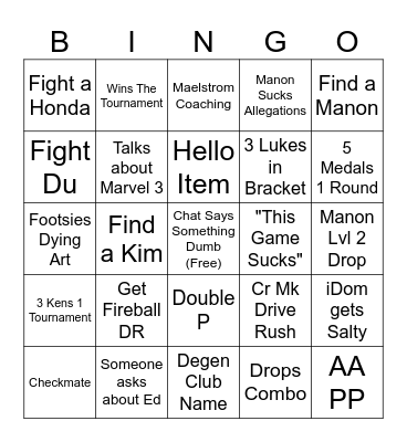 Tournament Exp Bingo Card