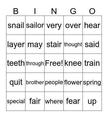 spelling words bingo Card