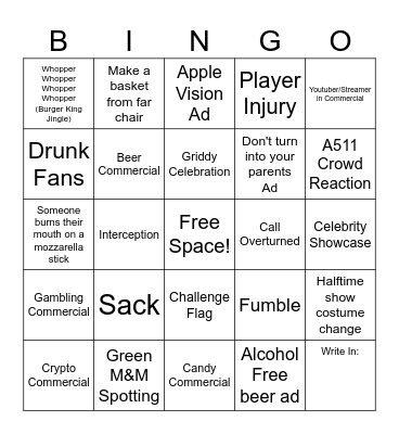 Super Bowl Bingo Card