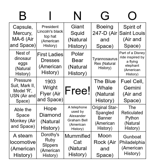 Smithsonian Scavenger Hunt Bingo Card