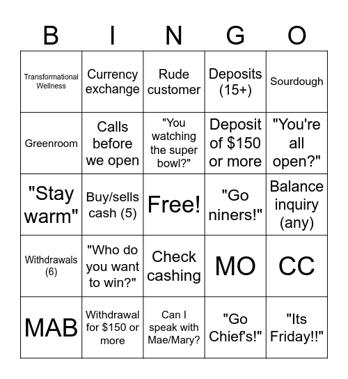 Super Bowl Bingo Card