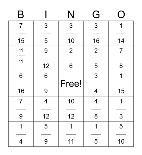 Add and Subtract Fractions Bingo Card