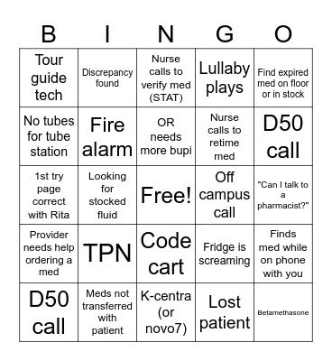Pharmacy Bingo Card