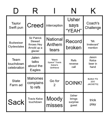 2024 Super Bowl BINGO! Bingo Card
