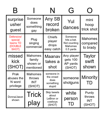 Superbowl Bingo Card