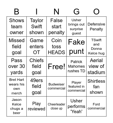 Super Bowl Bingo Card