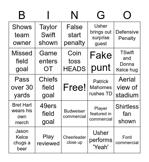 Super Bowl Bingo Card