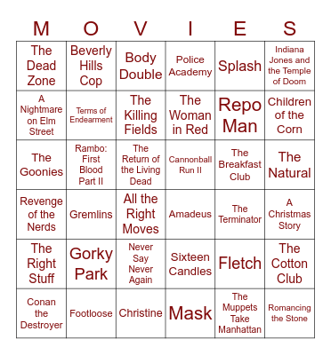 Top Movies 1983-1985 Bingo Card