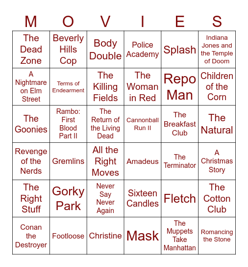 Top Movies 1983-1985 Bingo Card