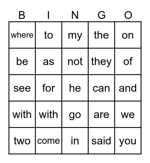 Sight Word BINGO Card