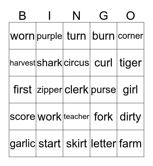 R - controlled vowel (bossy R) BINGO Card