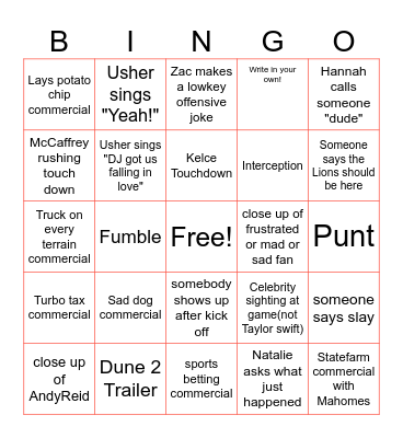 Super Bowl 2024 Bingo Card