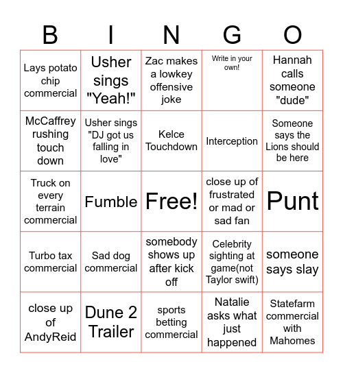 Super Bowl 2024 Bingo Card