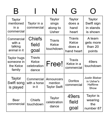 Super Bowl (Taylor's Version) Bingo Card