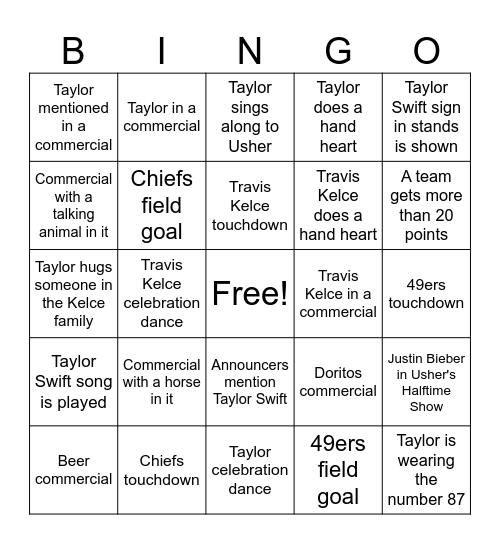 Super Bowl (Taylor's Version) Bingo Card
