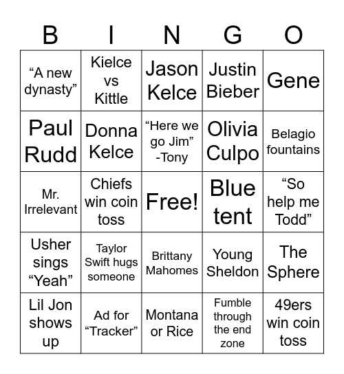 Super Bowl Bingo Card