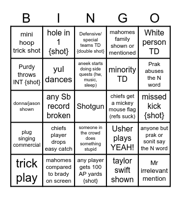 Superbowl bingo Card