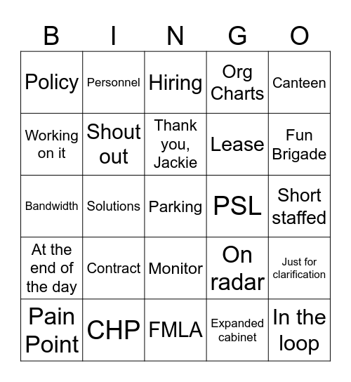 Manager's Bingo Card