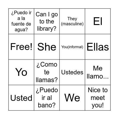 Spanish Basics Bingo Card